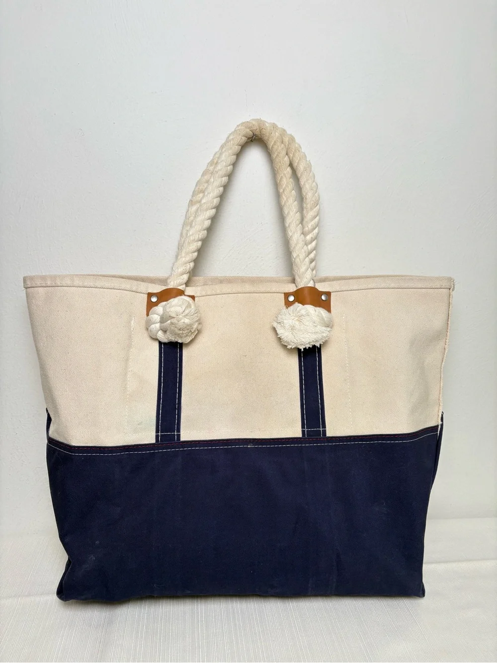 L.L. BEAN Signature Boat & Tote Canvas Bag w Rope & Leather Handles Nautical